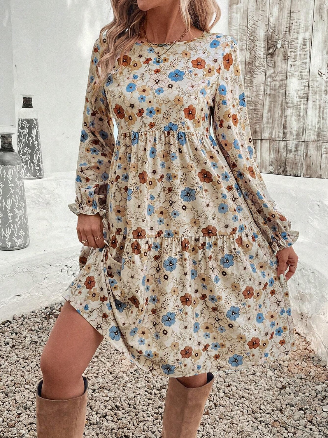 Tiered Floral Round Neck Long Sleeve Dress-TOPS / DRESSES-[Adult]-[Female]-2022 Online Blue Zone Planet