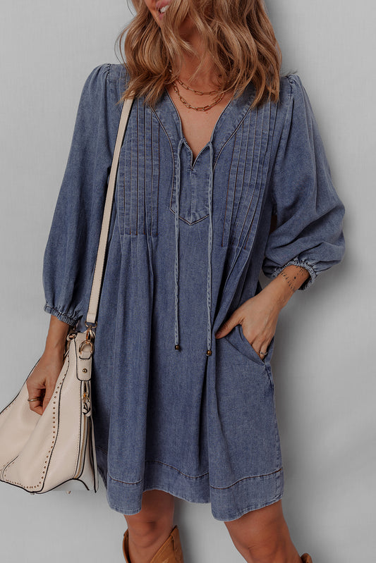 Sail Blue 3/4 Sleeve Tied V Neck Pleated Denim Mini Dress-TOPS / DRESSES-[Adult]-[Female]-Sail Blue-S-2022 Online Blue Zone Planet