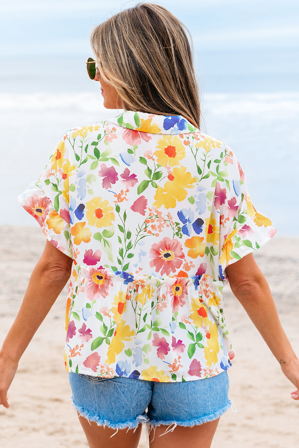 Yellow Floral Boxy Fit Ruffled Short Sleeve V Neck Blouse-Tops/Blouses & Shirts-[Adult]-[Female]-2022 Online Blue Zone Planet