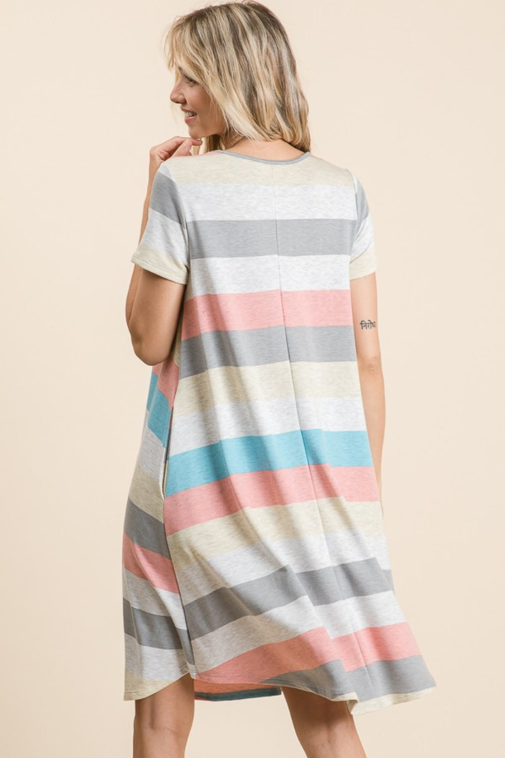 BOMBOM Striped Short Sleeve Dress with Pockets-TOPS / DRESSES-[Adult]-[Female]-2022 Online Blue Zone Planet