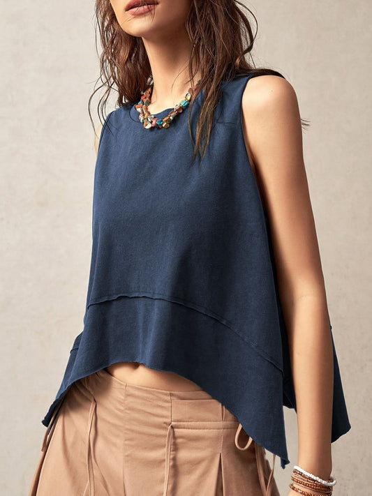 Exposed Seam Side Slit Round Neck Tank-TOPS / DRESSES-[Adult]-[Female]-Navy-S-2022 Online Blue Zone Planet