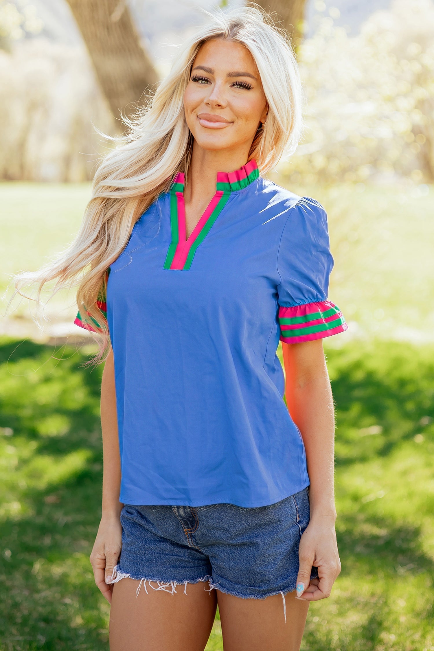 Sky Blue Striped Frilled Collar Ruffled Short Sleeve Blouse-Tops/Blouses & Shirts-[Adult]-[Female]-2022 Online Blue Zone Planet
