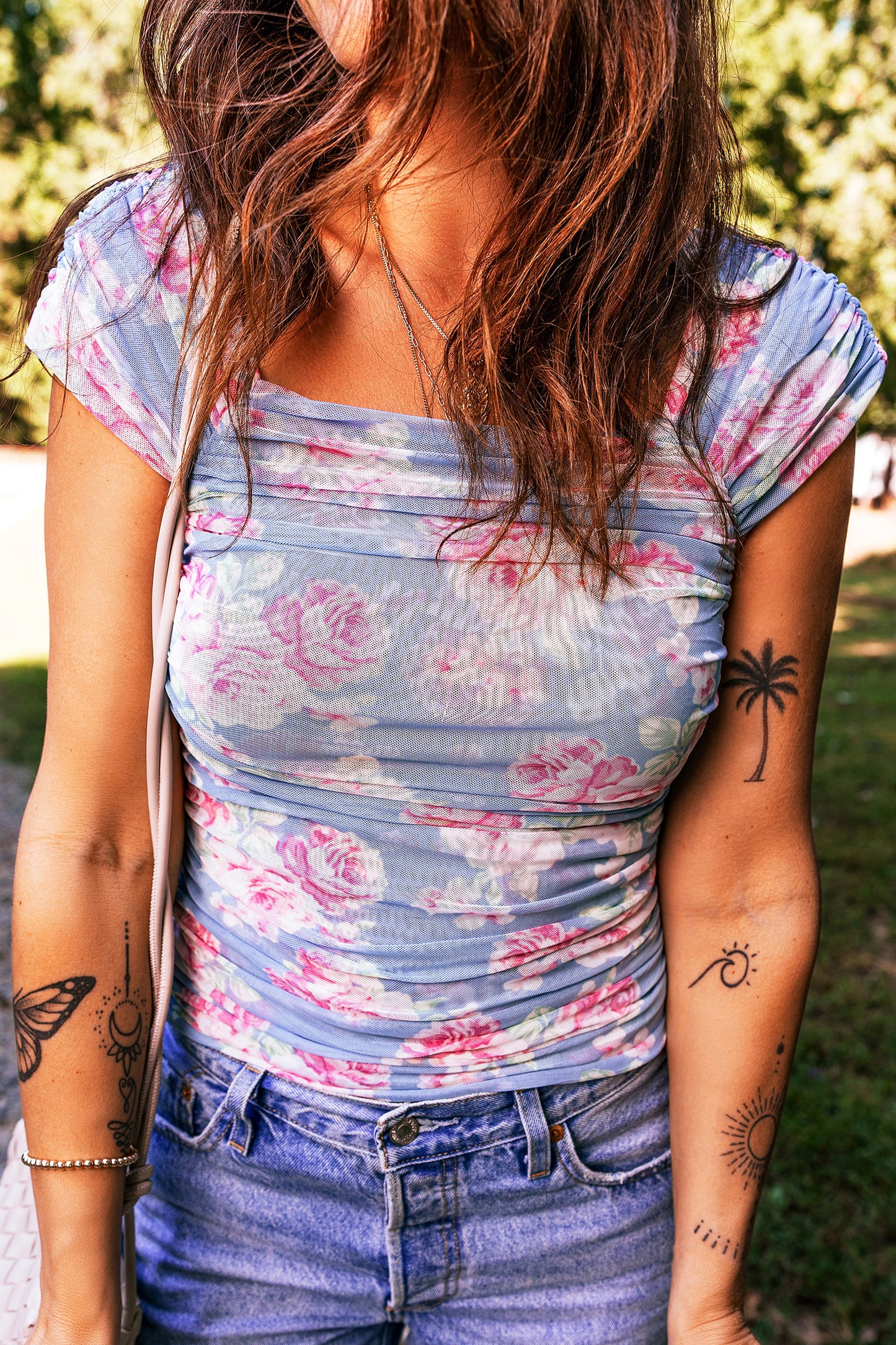 Sky Blue Square Neck Cap Sleeve Ruched Floral Mesh Top-Tops/Tops & Tees-[Adult]-[Female]-2022 Online Blue Zone Planet