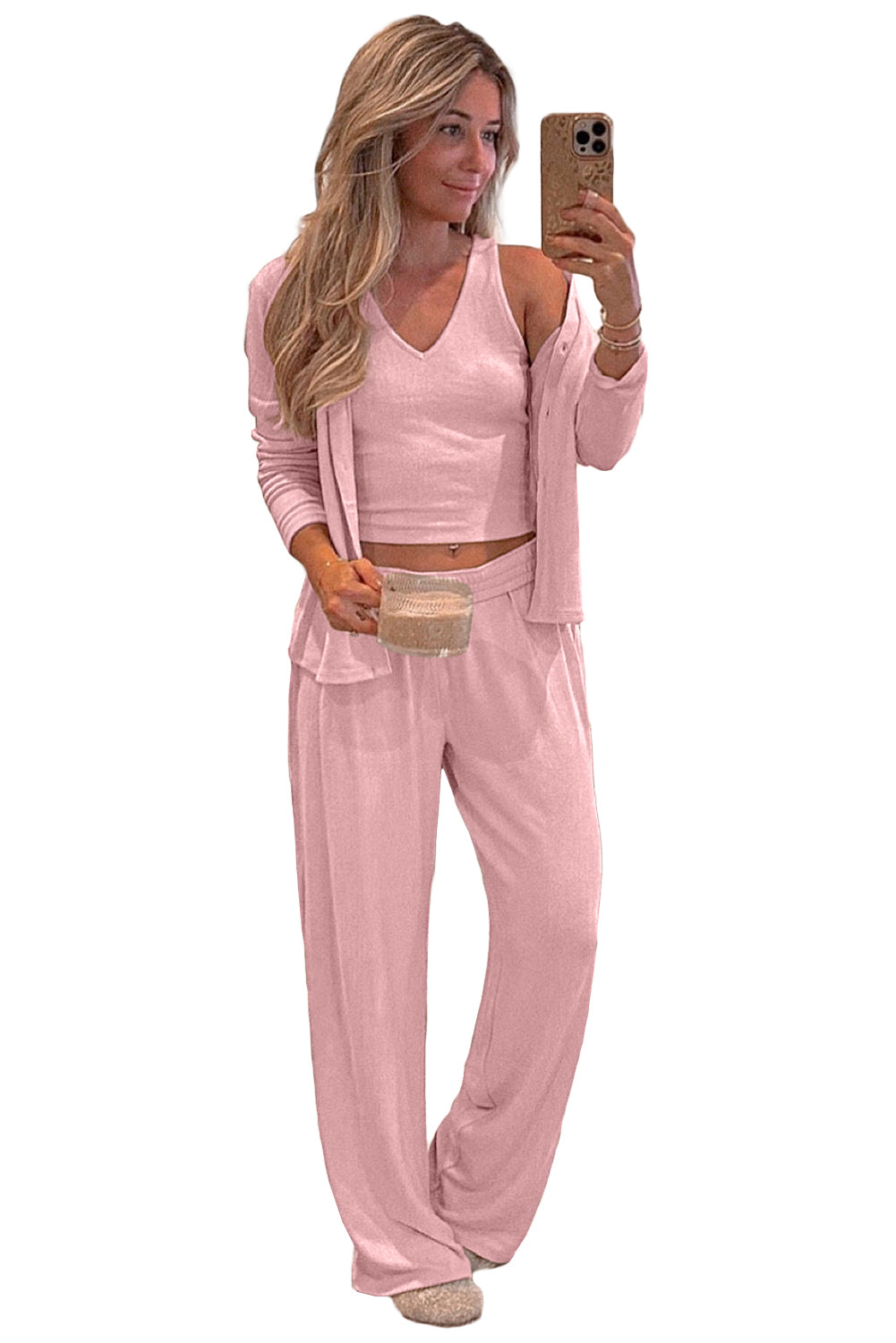 Light Pink 3-Piece Cozy Knit Lounge Set-Loungewear & Sleepwear/Loungewear-[Adult]-[Female]-2022 Online Blue Zone Planet