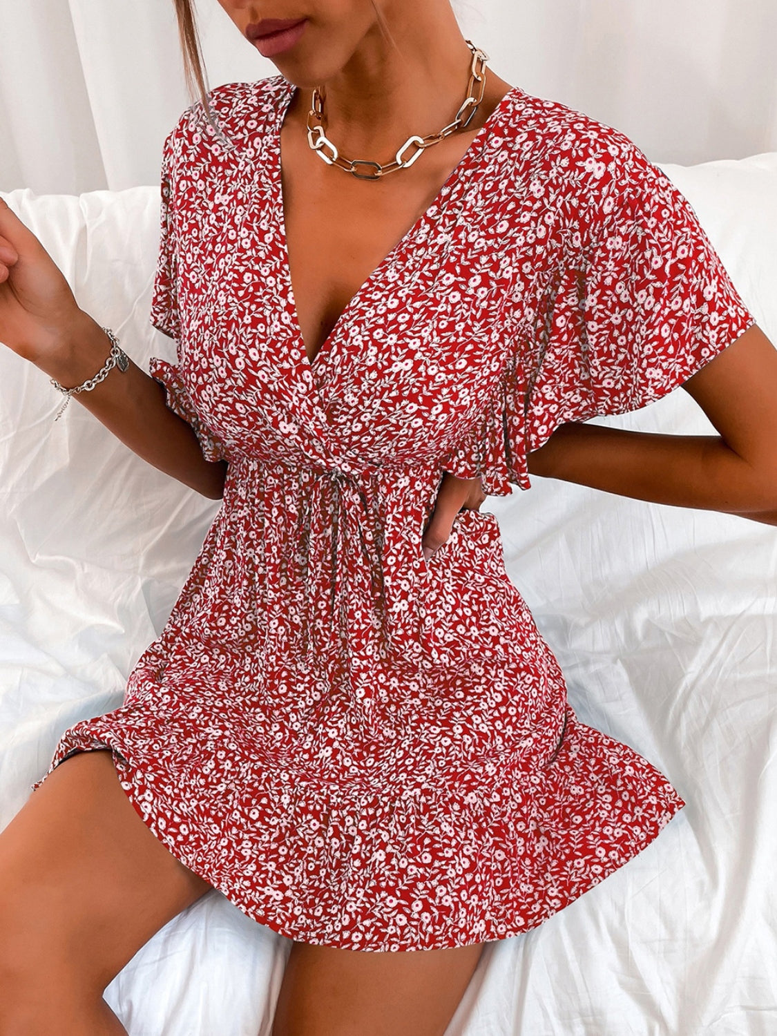 Cutout Ditsy Floral Surplice Flounce Sleeve Dress-TOPS / DRESSES-[Adult]-[Female]-2022 Online Blue Zone Planet