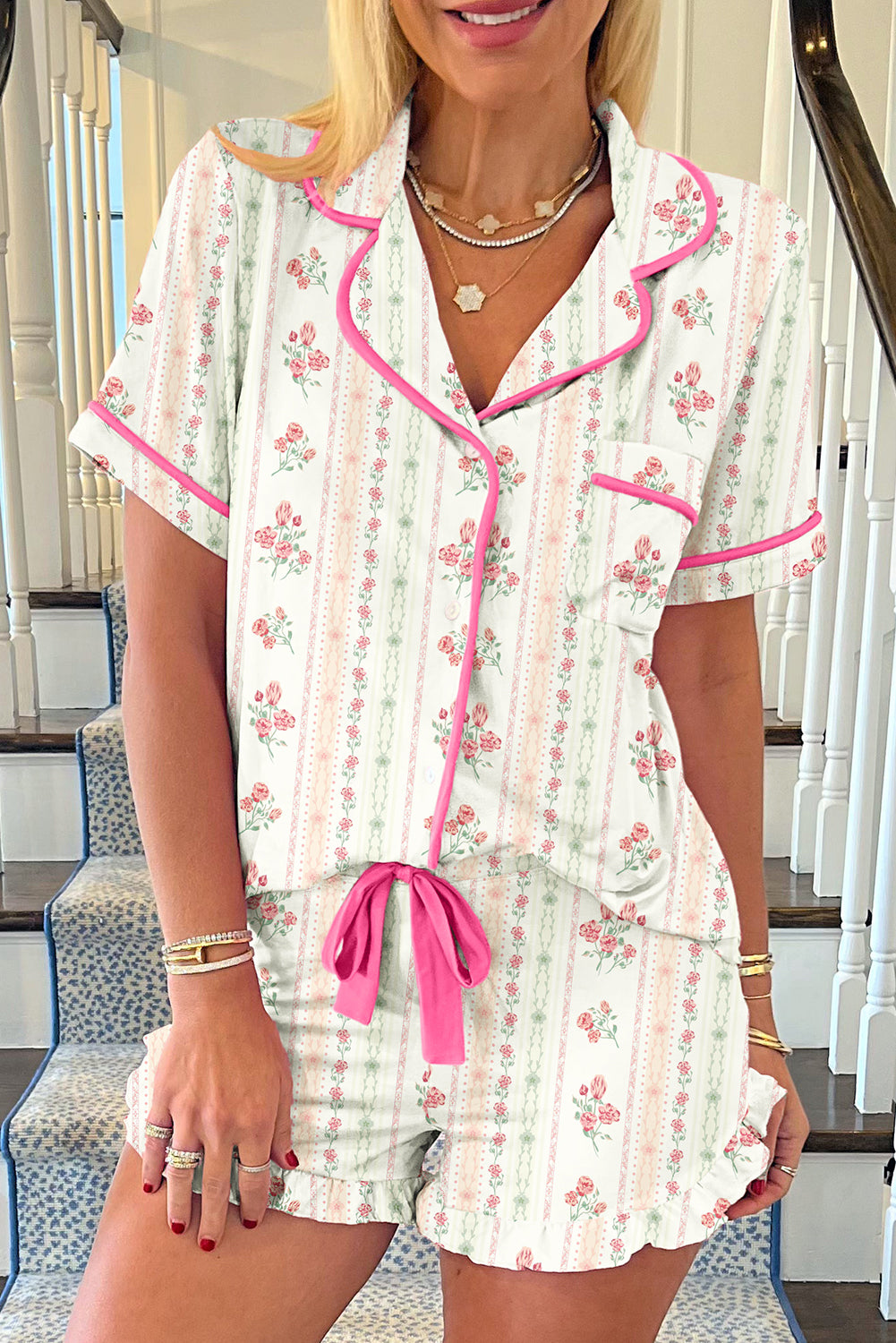 White Floral Print Contrast Pipping Short Pajamas Set-Loungewear & Sleepwear/Sleepwear-[Adult]-[Female]-Beige-S-2022 Online Blue Zone Planet