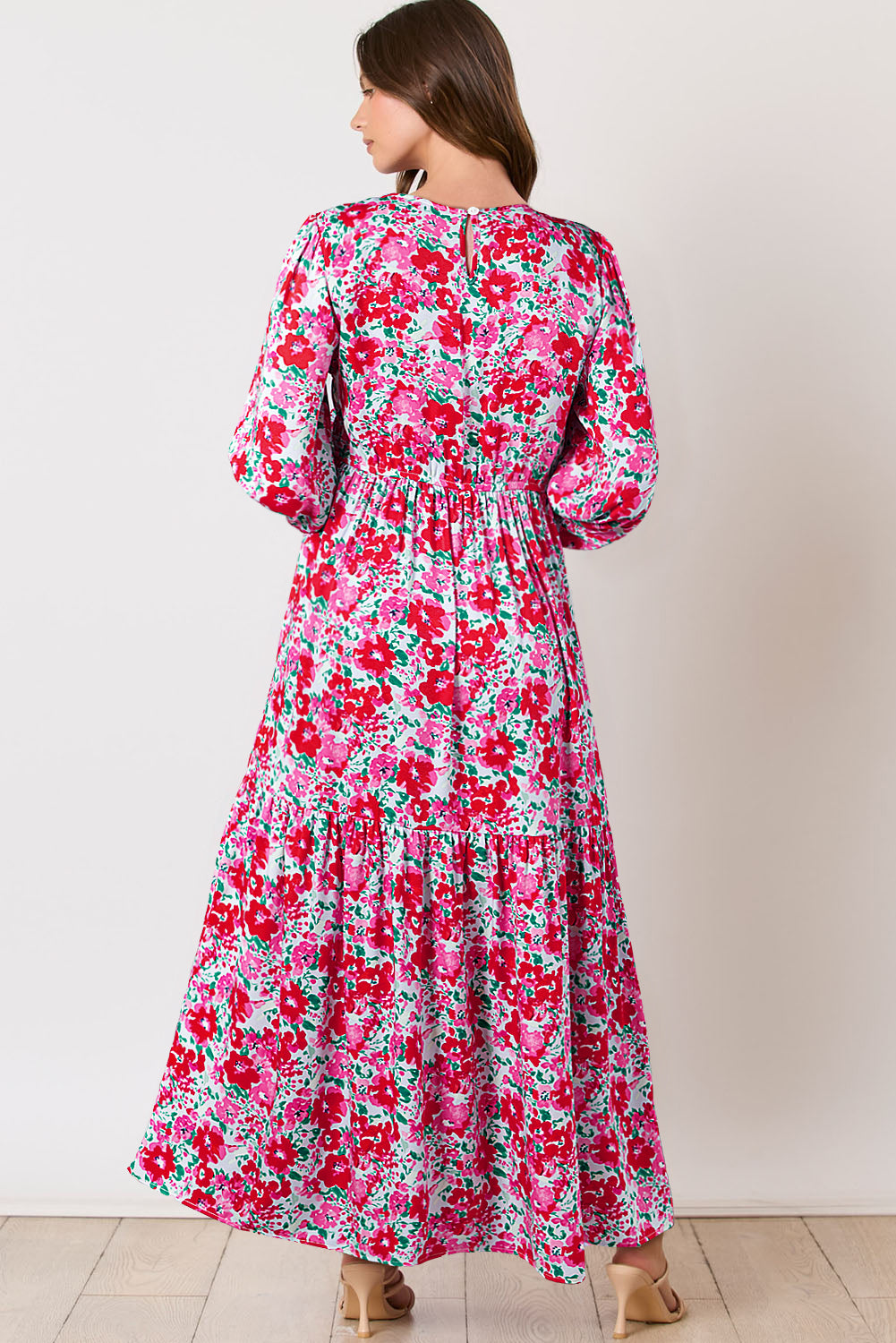 Sky Blue Floral Print Smocked Lantern Sleeve Tiered Maxi Dress-Dresses/Floral Dresses-[Adult]-[Female]-2022 Online Blue Zone Planet