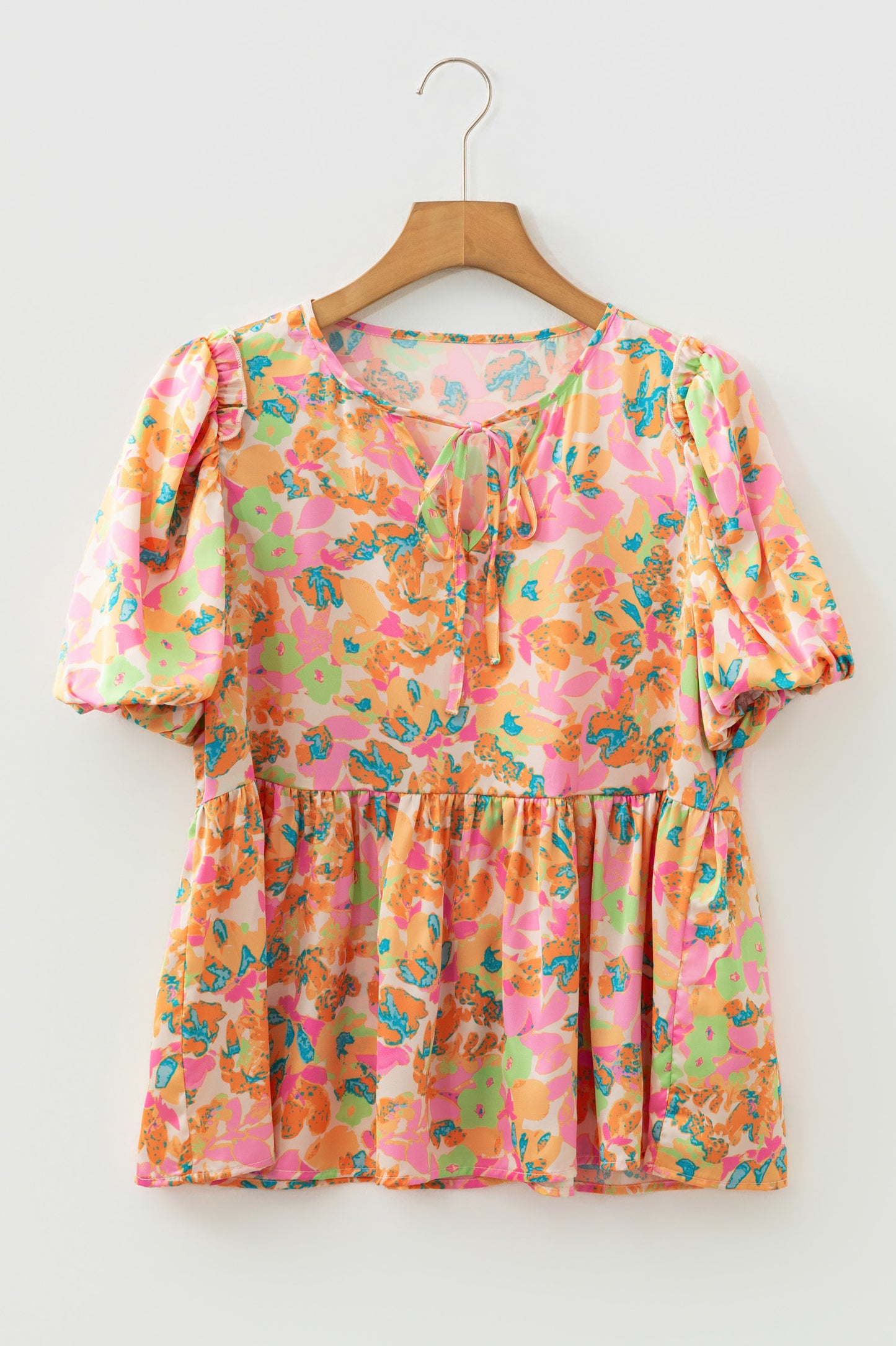 Orange Split V Neck Short Sleeve Flower Blouse-Tops/Blouses & Shirts-[Adult]-[Female]-2022 Online Blue Zone Planet