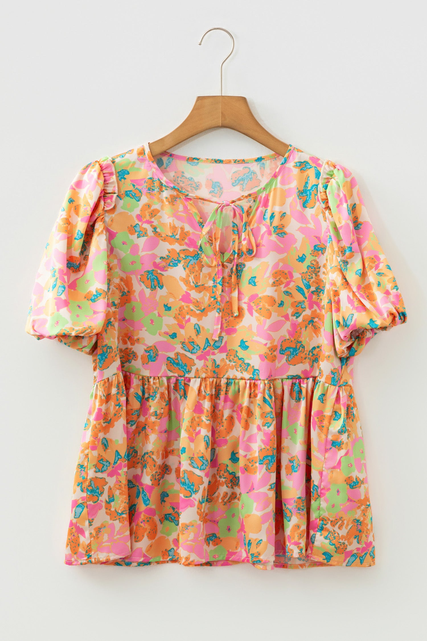 Orange Split V Neck Short Sleeve Flower Blouse-Tops/Blouses & Shirts-[Adult]-[Female]-2022 Online Blue Zone Planet