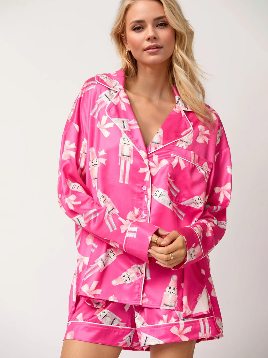 Blue Zone Planet | Christmas Printed Collared Neck Long Sleeve Top and Shorts Set-TOPS / DRESSES-[Adult]-[Female]-Fuchsia Pink-S-2022 Online Blue Zone Planet