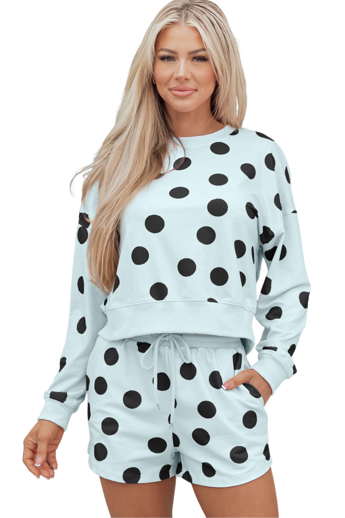 Sky Blue Polka Dot Print Drop Shoulder Pullover Drawstring Shorts Set-Two Piece Sets/Short Sets-[Adult]-[Female]-2022 Online Blue Zone Planet