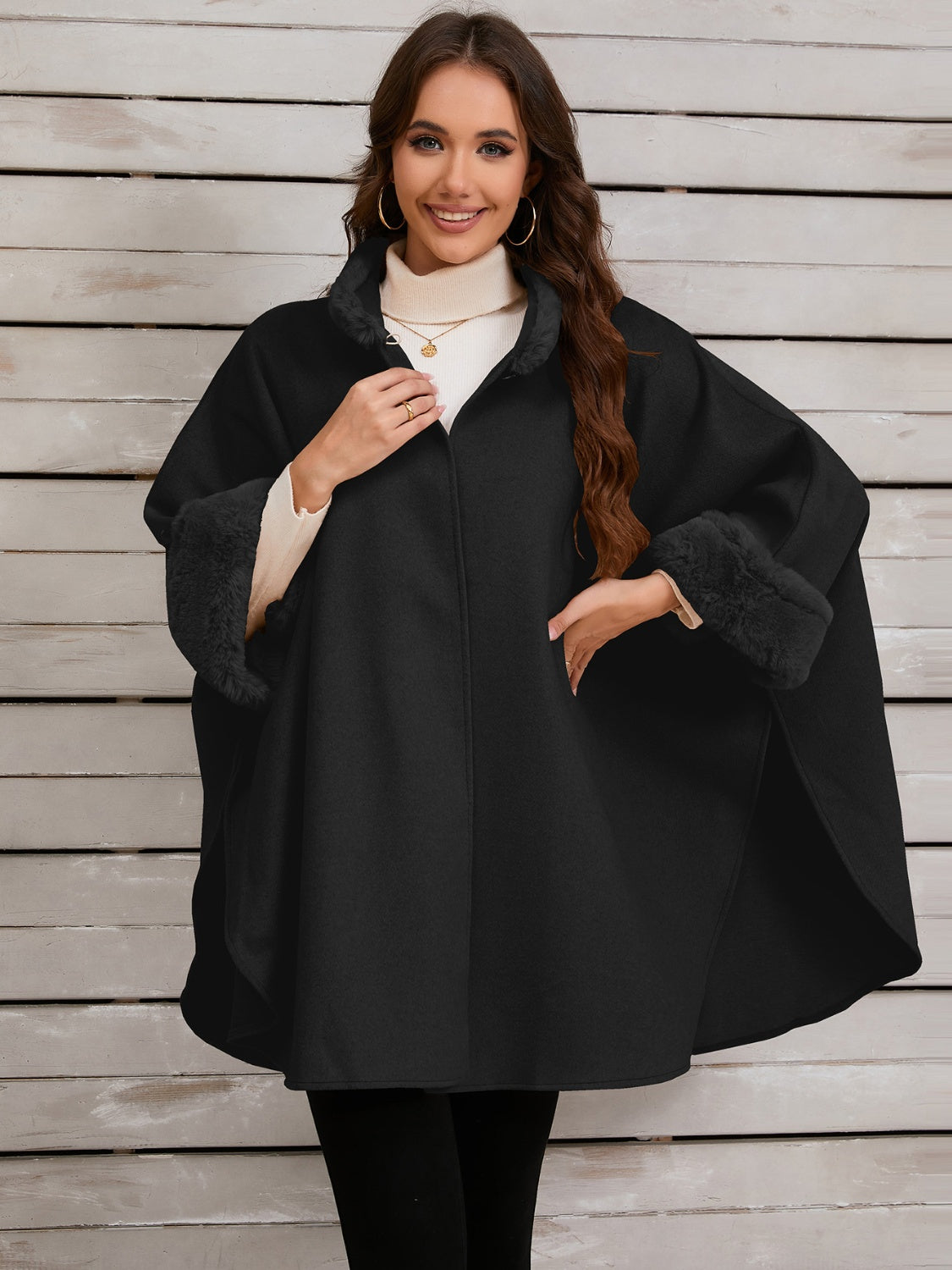 Fuzzy Trim Long Sleeve Poncho-TOPS / DRESSES-[Adult]-[Female]-2022 Online Blue Zone Planet