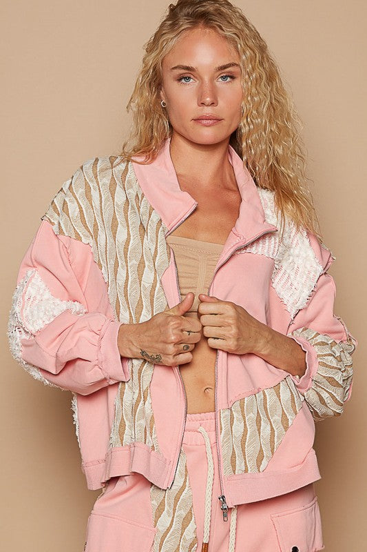 Blue Zone Planet | POL Applique Patchwork Zip Up Jacket-TOPS / DRESSES-[Adult]-[Female]-Watermelon pink-S-2022 Online Blue Zone Planet