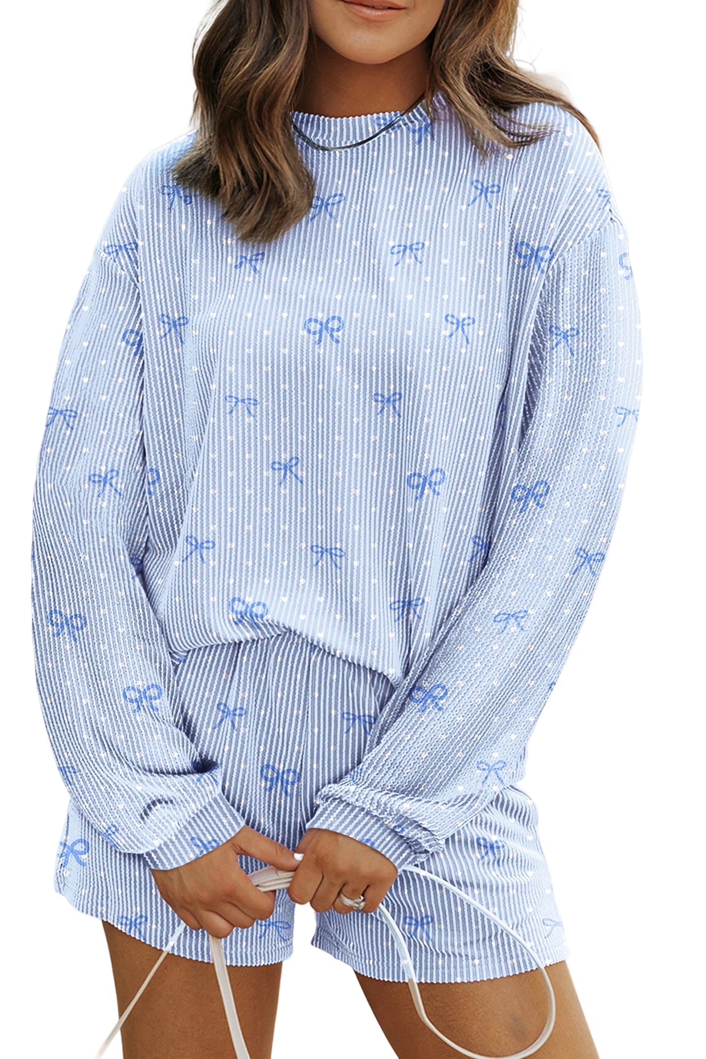 Sky Blue Valentines Bow Print Twisted Rib Loose Long Sleeve Top 2pcs Short Set-Two Piece Sets/Short Sets-[Adult]-[Female]-2022 Online Blue Zone Planet