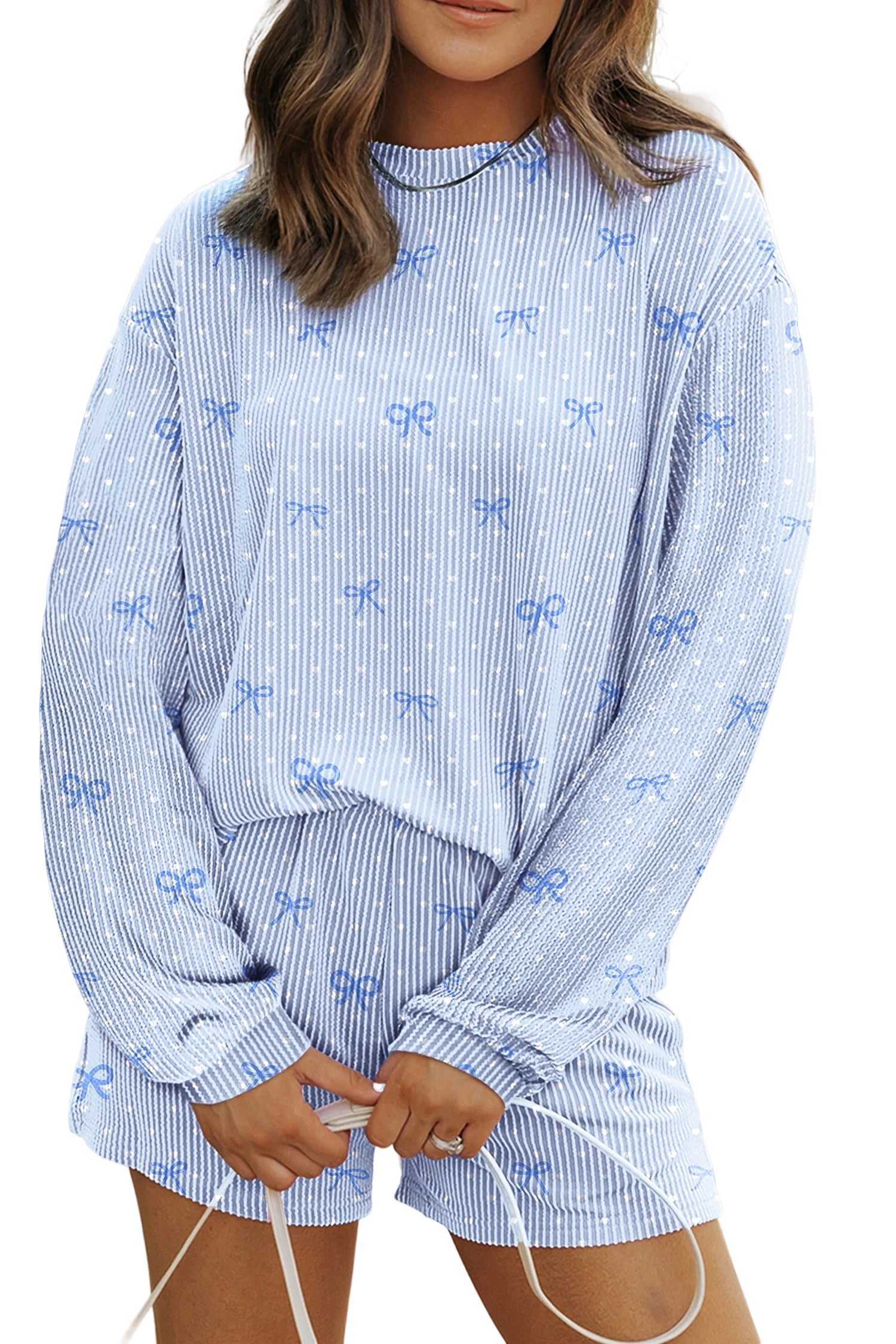 Sky Blue Valentines Bow Print Twisted Rib Loose Long Sleeve Top 2pcs Short Set-Two Piece Sets/Short Sets-[Adult]-[Female]-2022 Online Blue Zone Planet