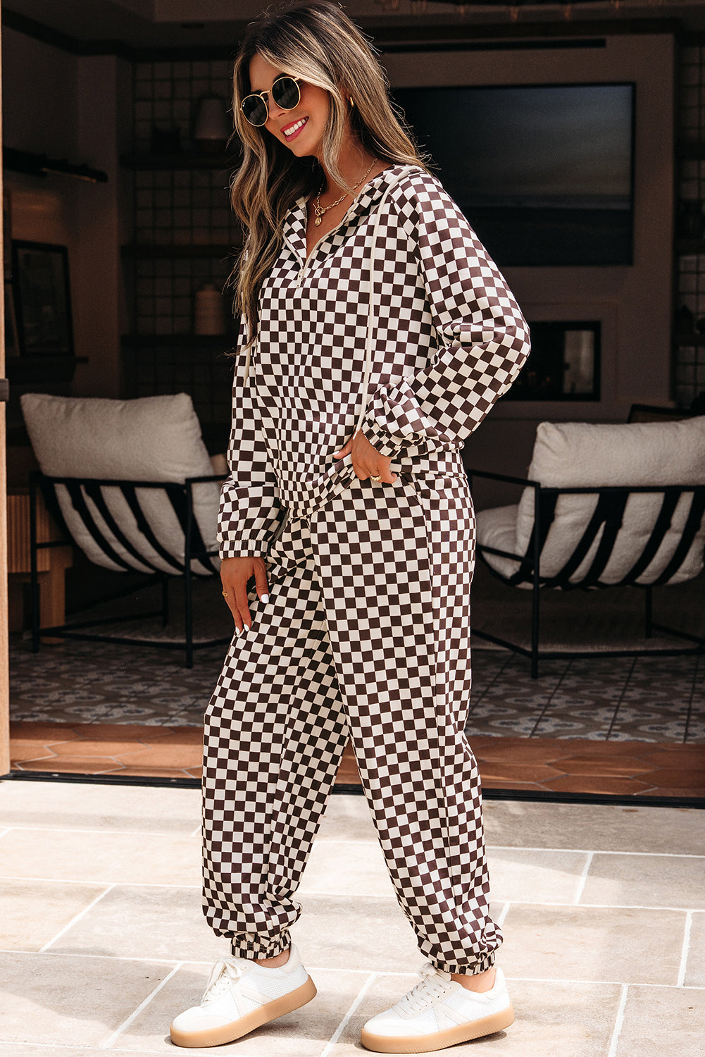Black Athleisure Checkered 2pcs Pants Set-Two Piece Sets/Pant Sets-[Adult]-[Female]-2022 Online Blue Zone Planet