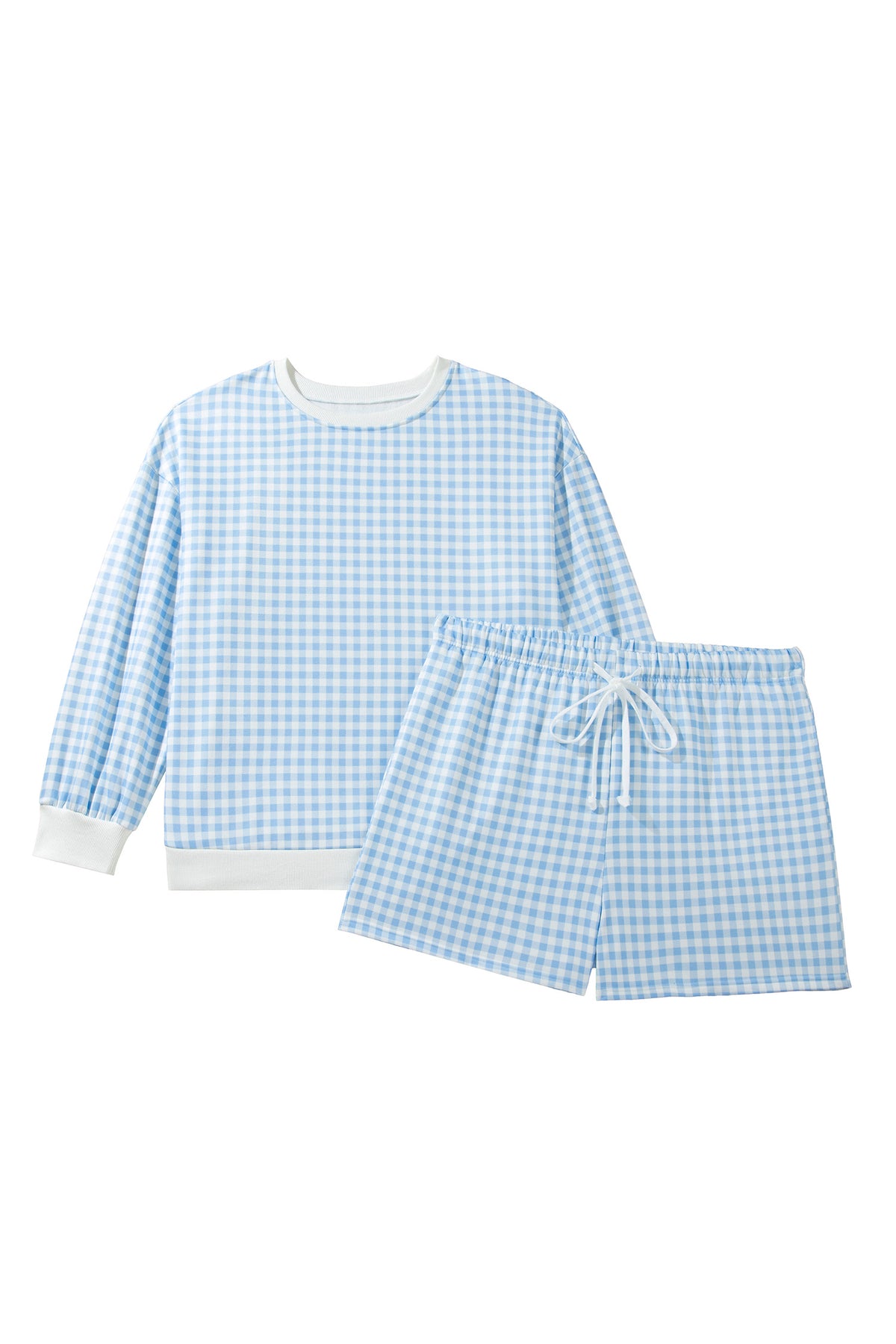 Sky Blue Gingham Loose Pullover Top Drawstring Shorts Plus Size Set-Plus Size/Plus Size Loungewear-[Adult]-[Female]-2022 Online Blue Zone Planet