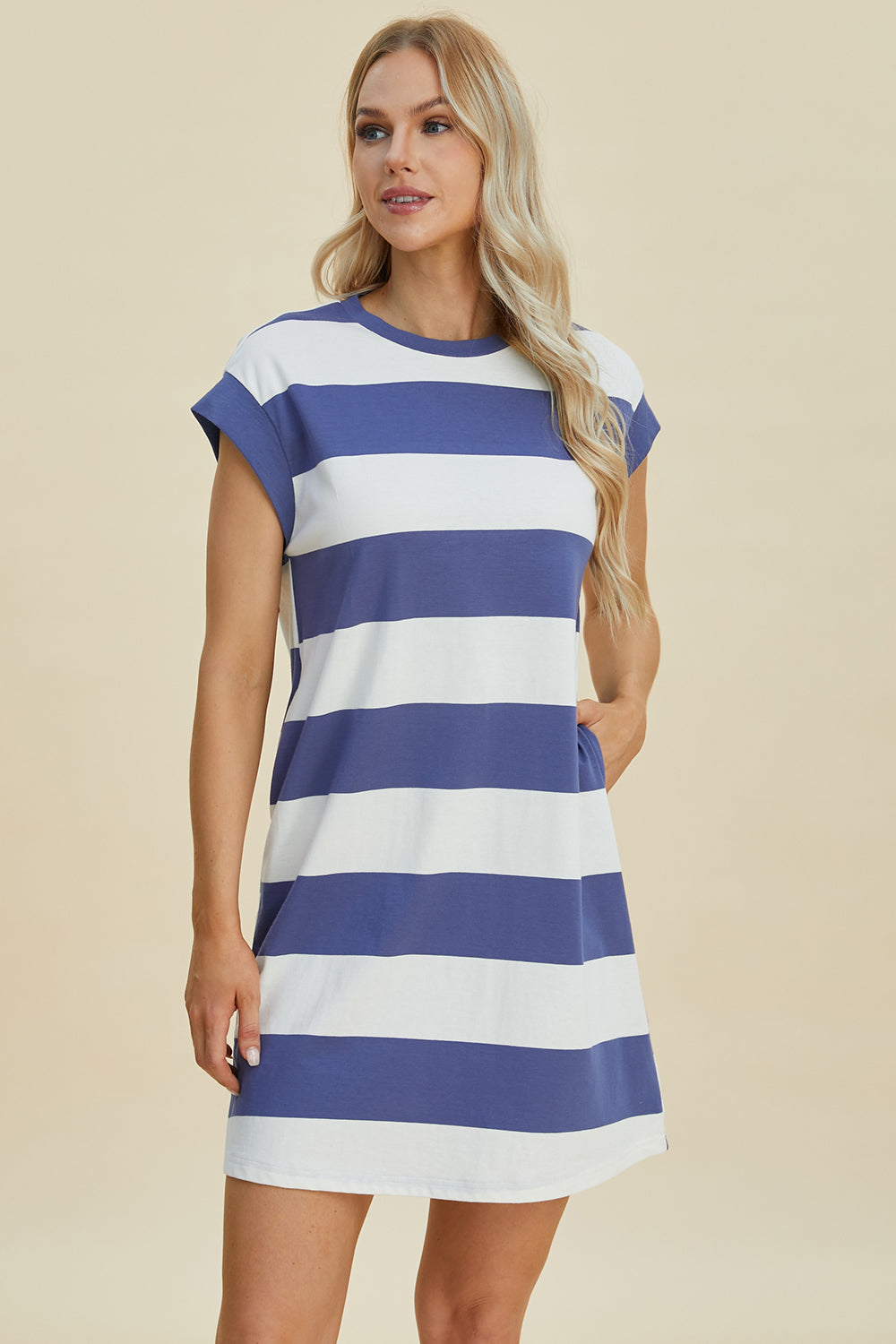 Basic Bae Full Size Striped Round Neck Cap Sleeve Mini Dress-TOPS / DRESSES-[Adult]-[Female]-2022 Online Blue Zone Planet