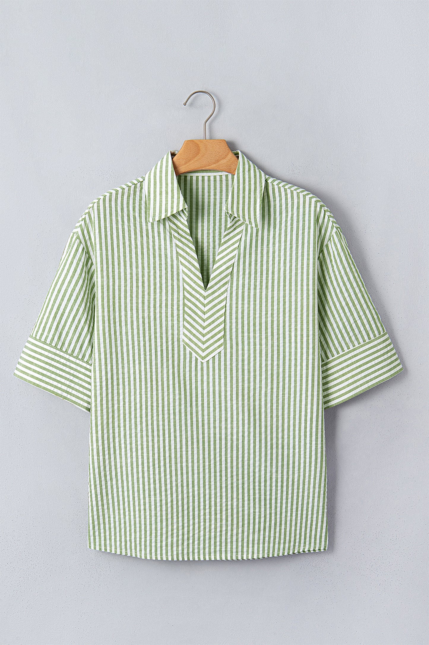 Green Stripe Shirt Collar Half Sleeve Blouse-Tops/Blouses & Shirts-[Adult]-[Female]-2022 Online Blue Zone Planet