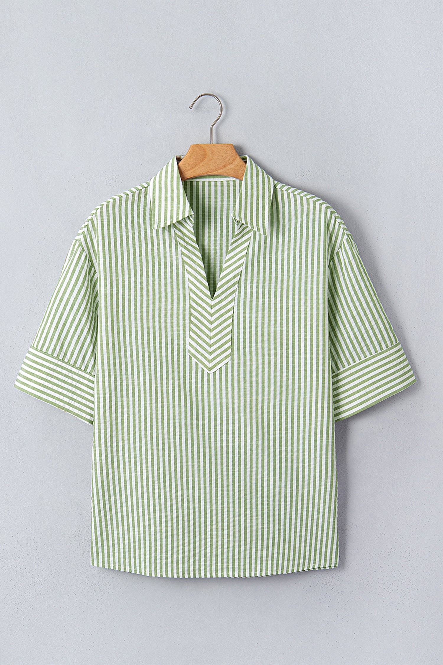 Green Stripe Shirt Collar Half Sleeve Blouse-Tops/Blouses & Shirts-[Adult]-[Female]-2022 Online Blue Zone Planet
