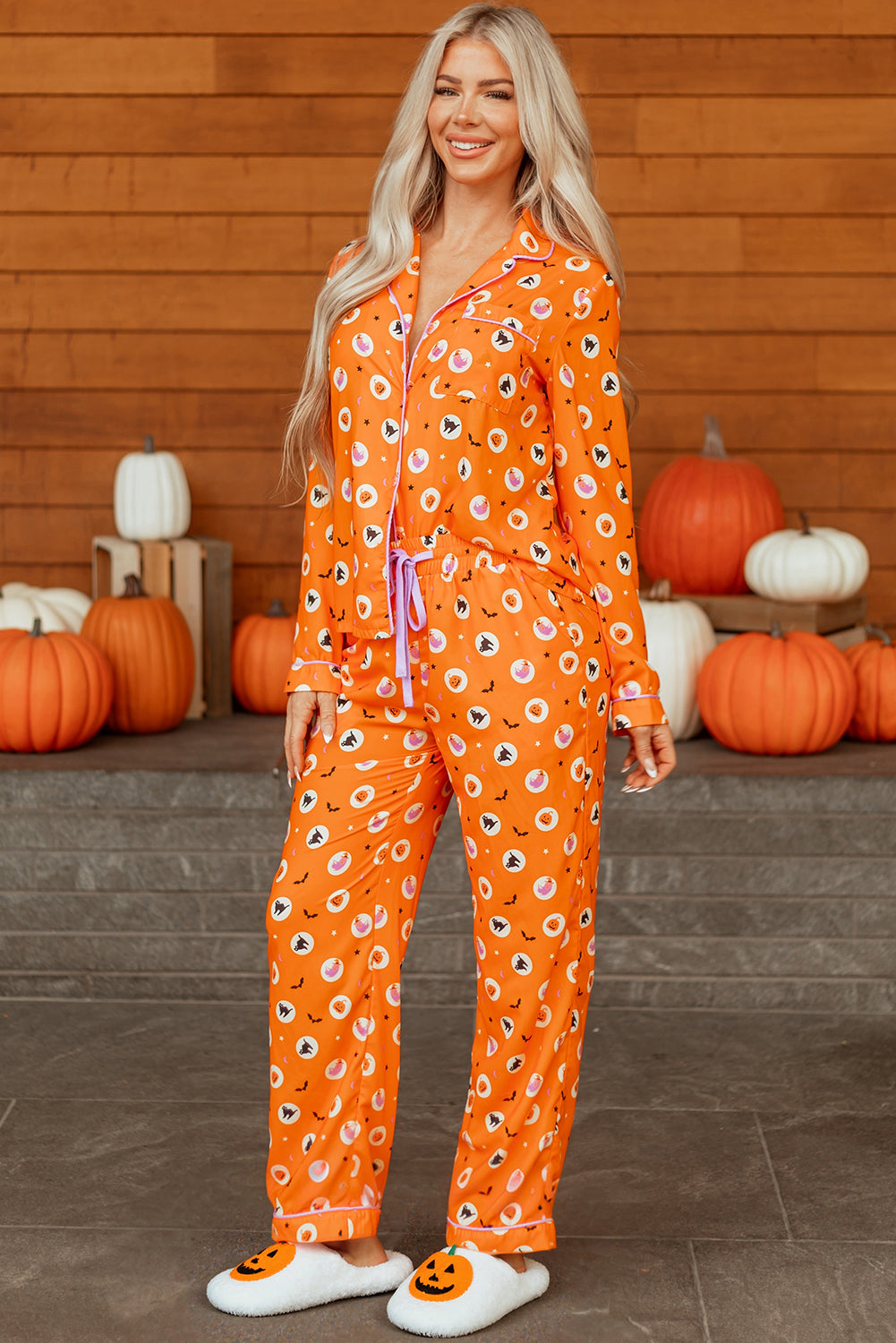 Orange Halloween Print Lapel Shirt Long 2pcs Pajama Set-Loungewear & Sleepwear/Sleepwear-[Adult]-[Female]-2022 Online Blue Zone Planet
