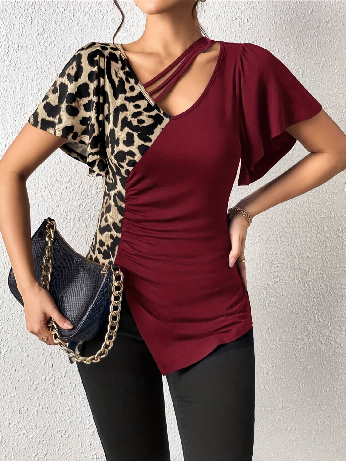 Ruched Leopard Flutter Sleeve T-Shirt-TOPS / DRESSES-[Adult]-[Female]-Burgundy-S-2022 Online Blue Zone Planet