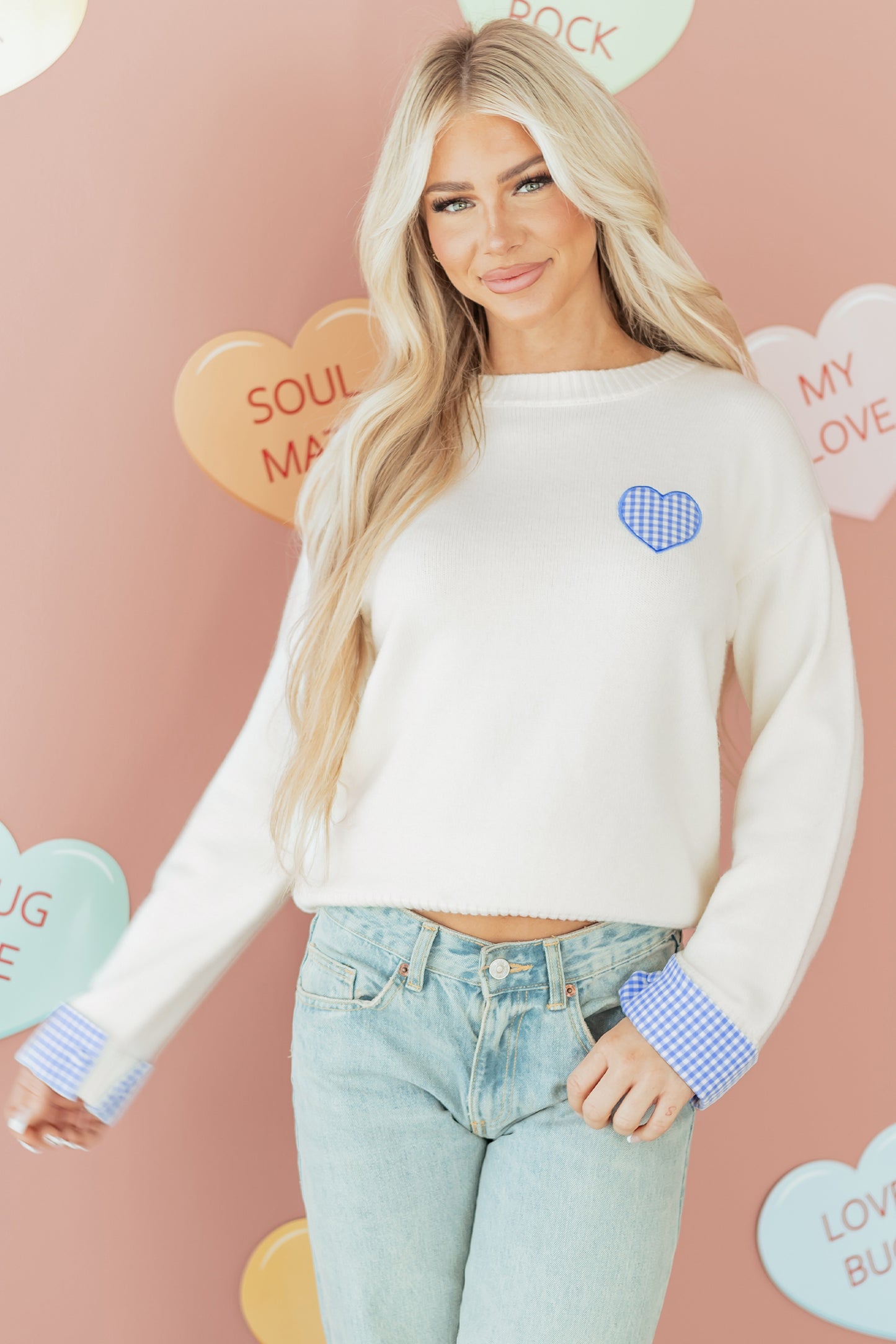 White Plaid Heart Embroidered Cuffed Drop Shoulder Crew Neck Sweater-Sweaters-[Adult]-[Female]-White-L-2022 Online Blue Zone Planet