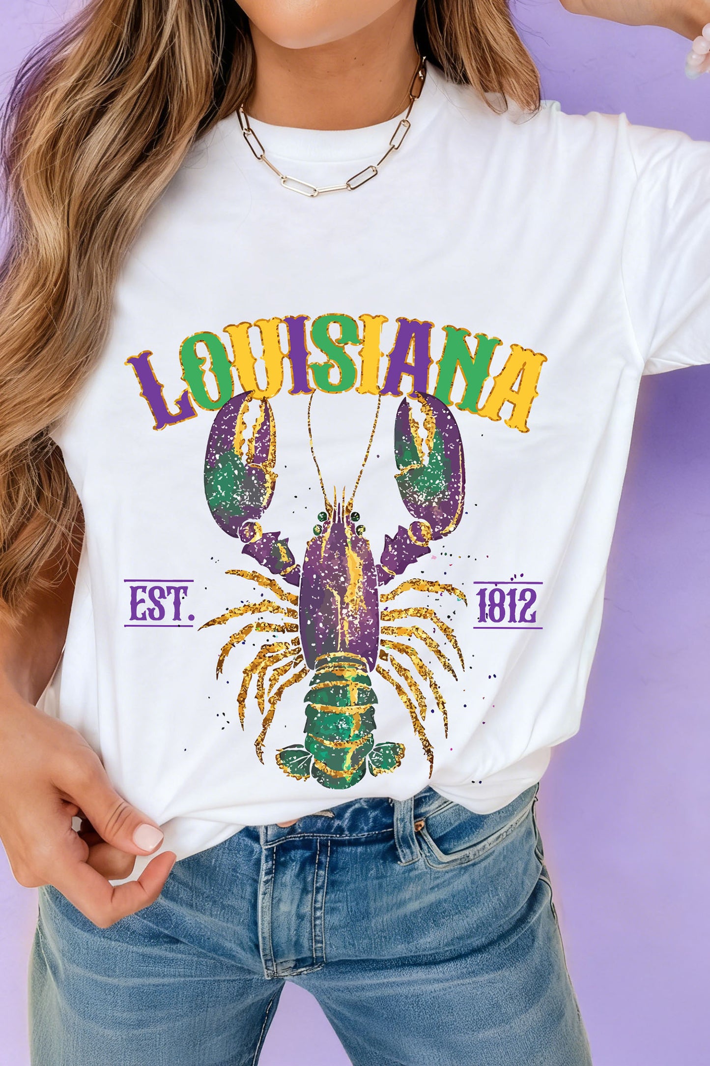 White LOUISIANA Mardi Gras Crayfish Printed Casual T Shirt-Graphic Tees-[Adult]-[Female]-White-2XL-2022 Online Blue Zone Planet