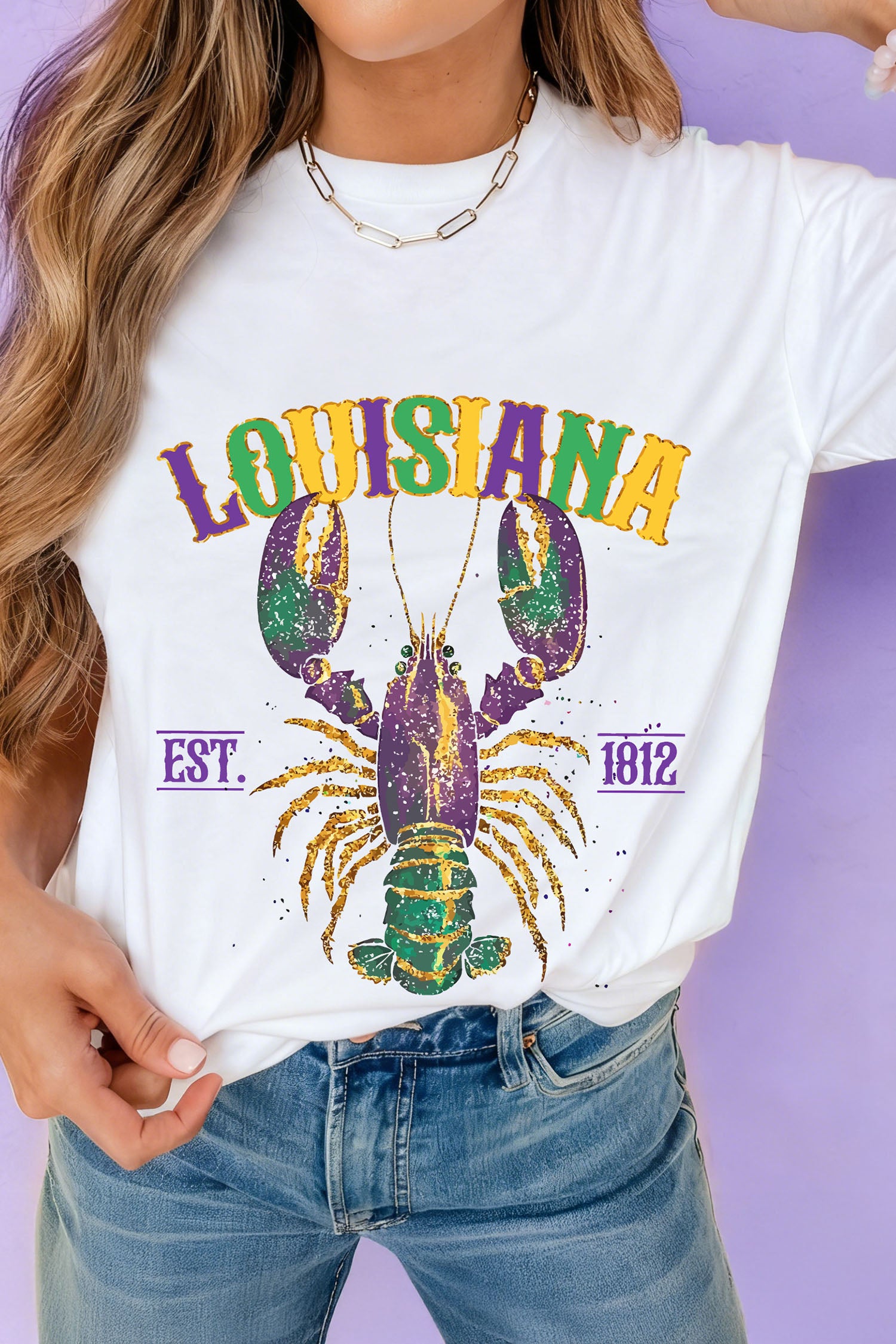 White LOUISIANA Mardi Gras Crayfish Printed Casual T Shirt-Graphic Tees-[Adult]-[Female]-White-2XL-2022 Online Blue Zone Planet
