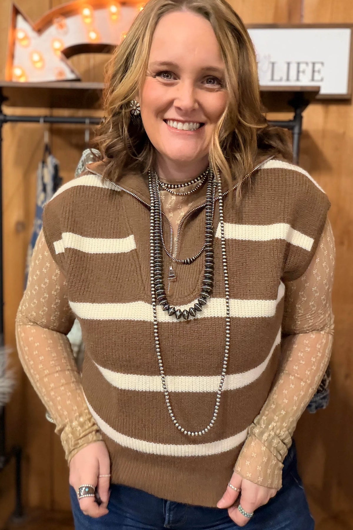 Brown Stripe Striped Colorblock Drop Shoulder V Neck Tunic Sweater T-shirt
