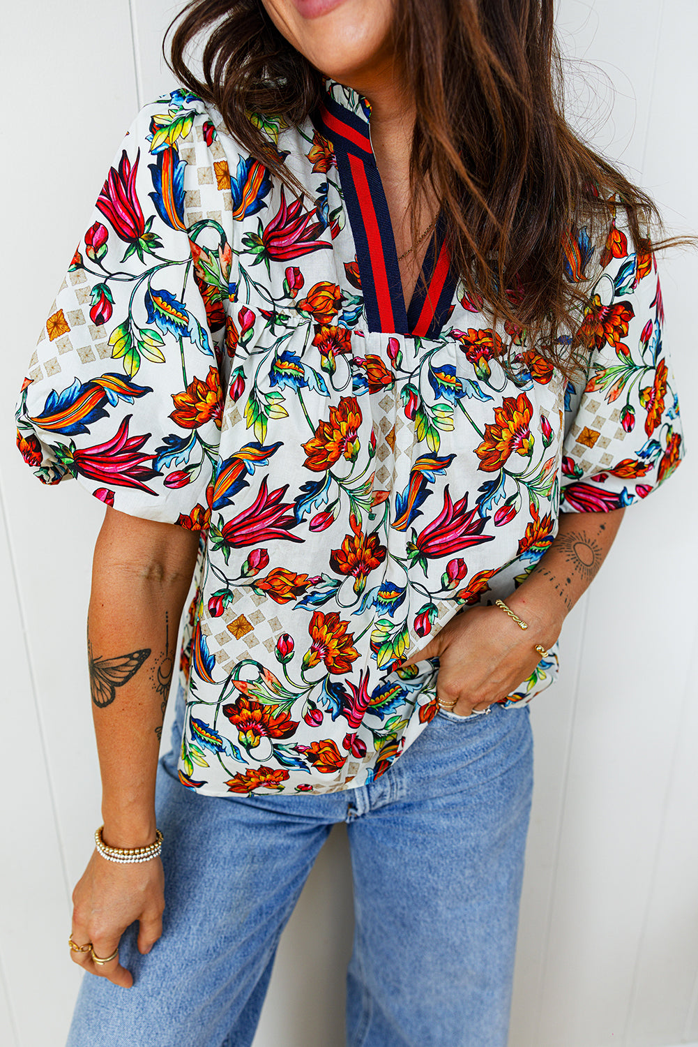 Multicolour Contrasted V Neckline Floral Puff Short Sleeve Blouse-Tops/Blouses & Shirts-[Adult]-[Female]-2022 Online Blue Zone Planet