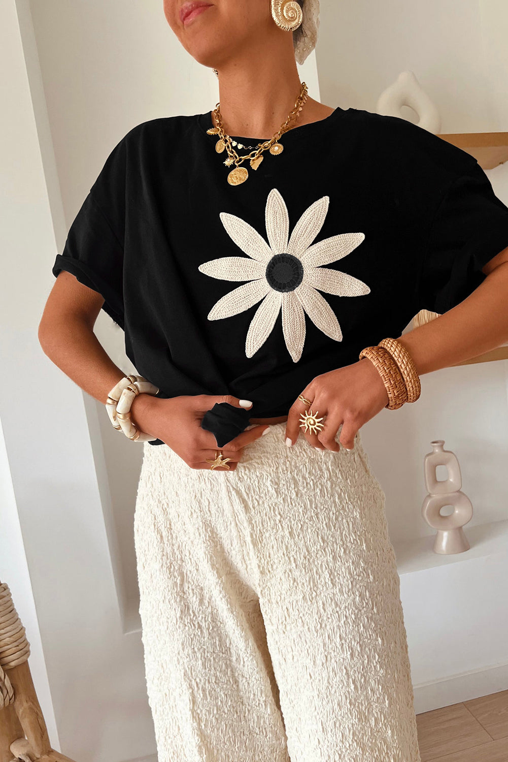 Black Contrast Crochet Floral Graphic Drop Shoulder Loose Tee-Tops/Tops & Tees-[Adult]-[Female]-Black-S-2022 Online Blue Zone Planet