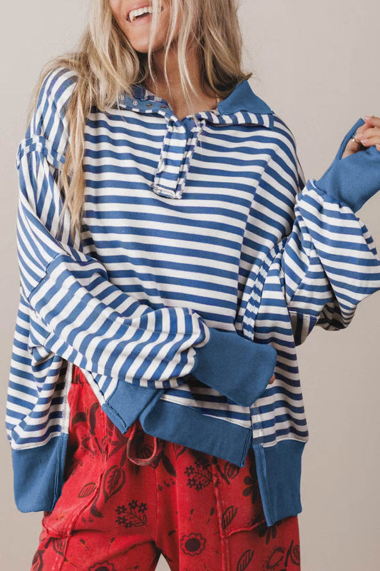 Blue Stripe Color Block Trim Raw Seam Split Hem Loose Pullover Sweatshirt-Tops/Sweatshirts & Hoodies-[Adult]-[Female]-Blue Stripe-S-2022 Online Blue Zone Planet