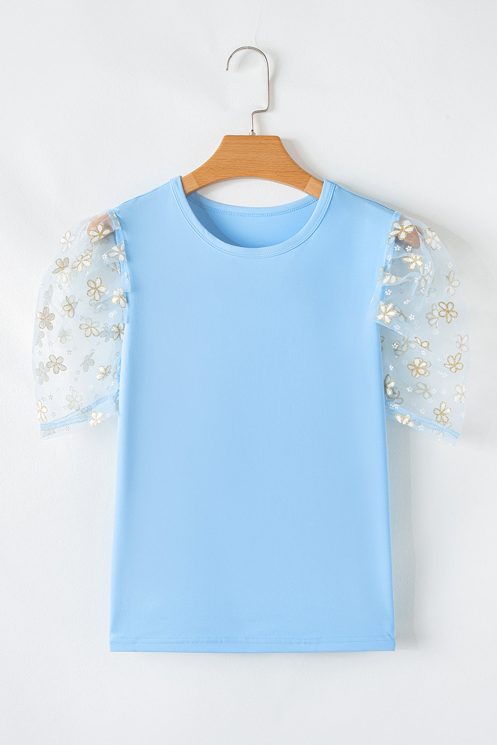 Beau Blue Floral Mesh Puff Sleeve Crew Neck Top-Tops/Blouses & Shirts-[Adult]-[Female]-2022 Online Blue Zone Planet