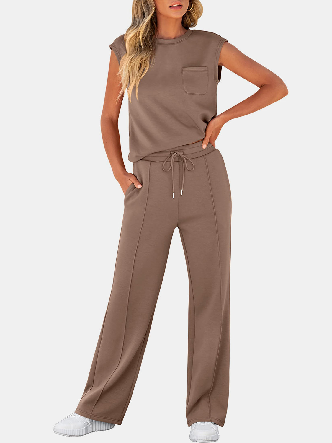 Full Size Round Neck Top and Drawstring Pants Set-TOPS / DRESSES-[Adult]-[Female]-Taupe-S-2022 Online Blue Zone Planet