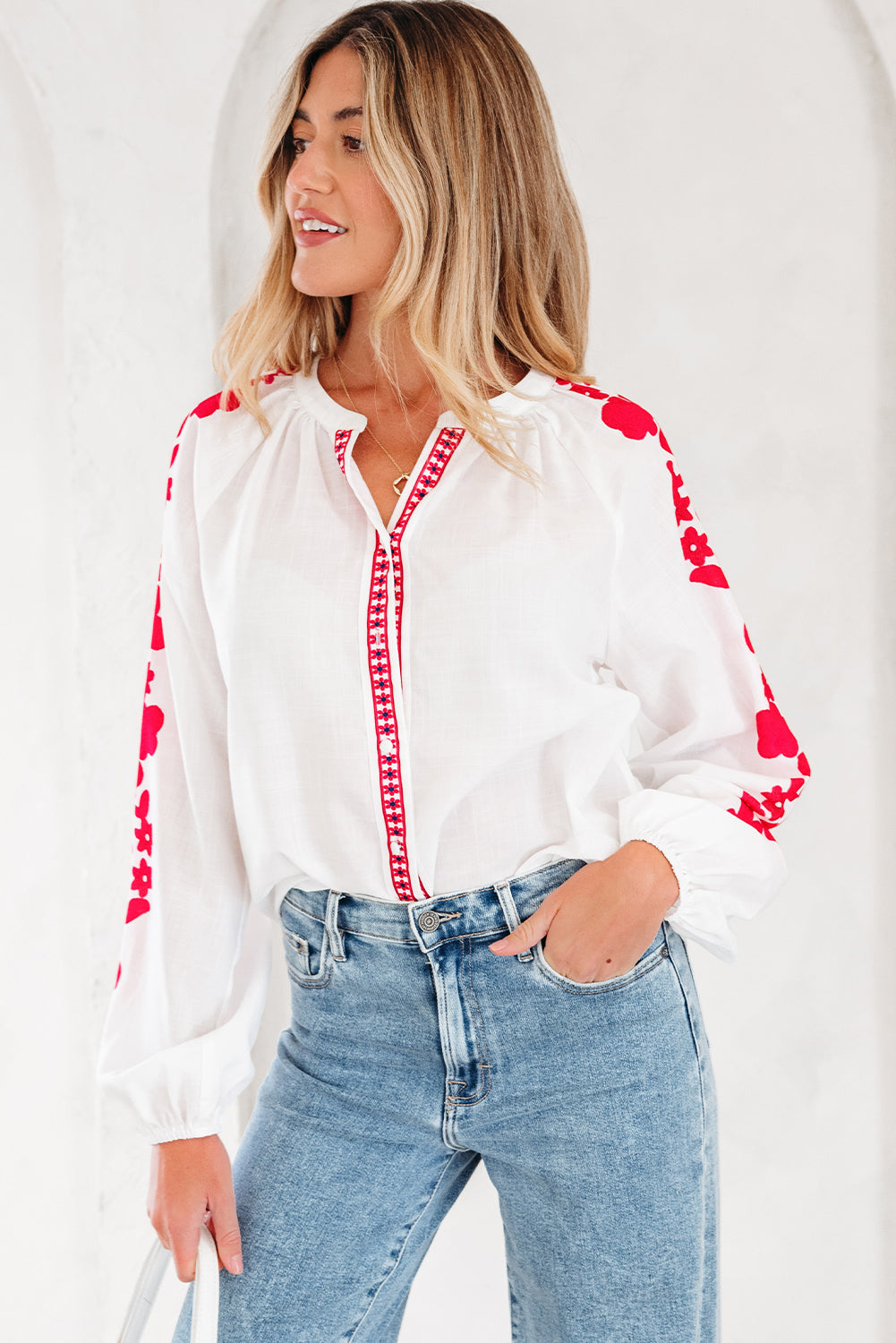 White Floral Embroidered Puff Long Sleeve Casual Shirt-Tops/Blouses & Shirts-[Adult]-[Female]-2022 Online Blue Zone Planet