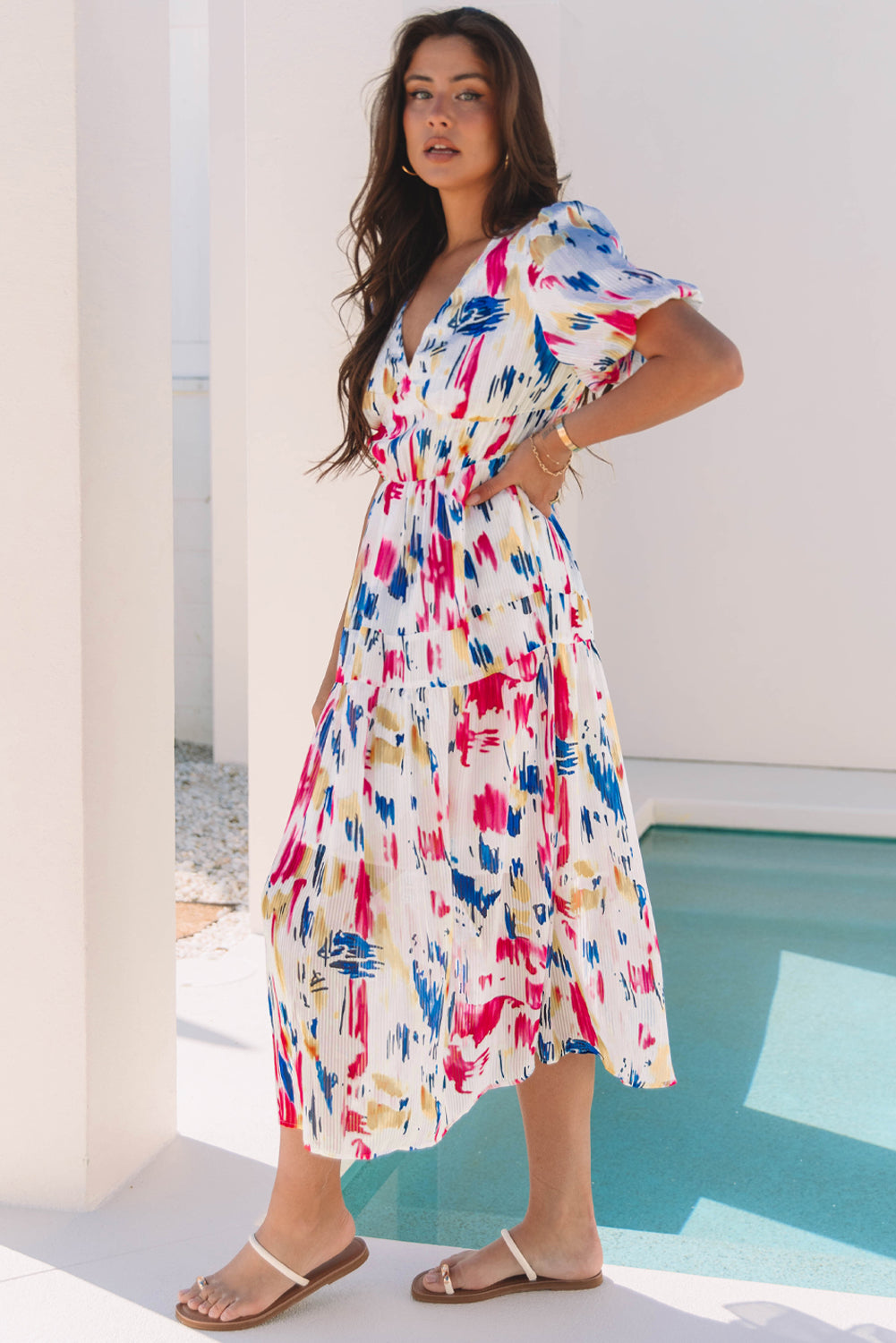Rose Abstract Print Short Puff Sleeve Tiered Maxi Dress-TOPS / DRESSES-[Adult]-[Female]-2022 Online Blue Zone Planet