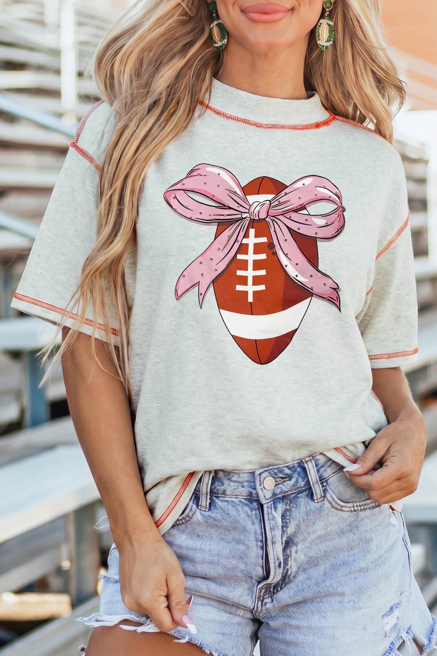Light Grey Sweet Bow Rugby Football Graphic Contrast Stitched Tee