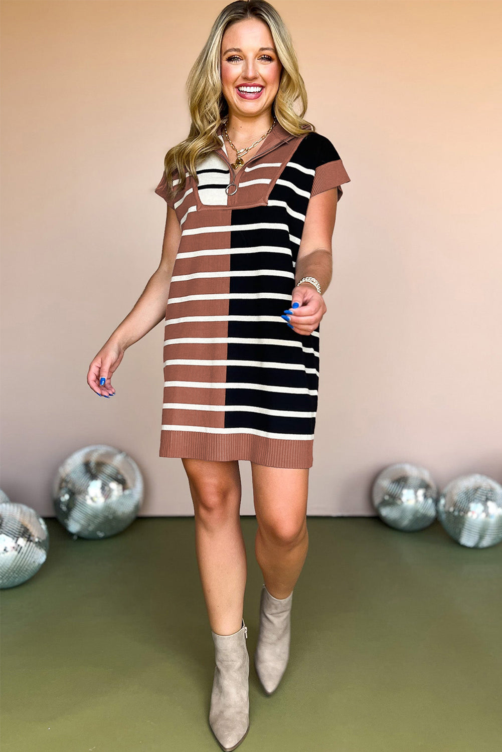 Khaki Stripe Color Block Quarter Zip Collar Short Sleeve Sweater Dress-Sweaters & Cardigans/Sweater Dresses-[Adult]-[Female]-2022 Online Blue Zone Planet