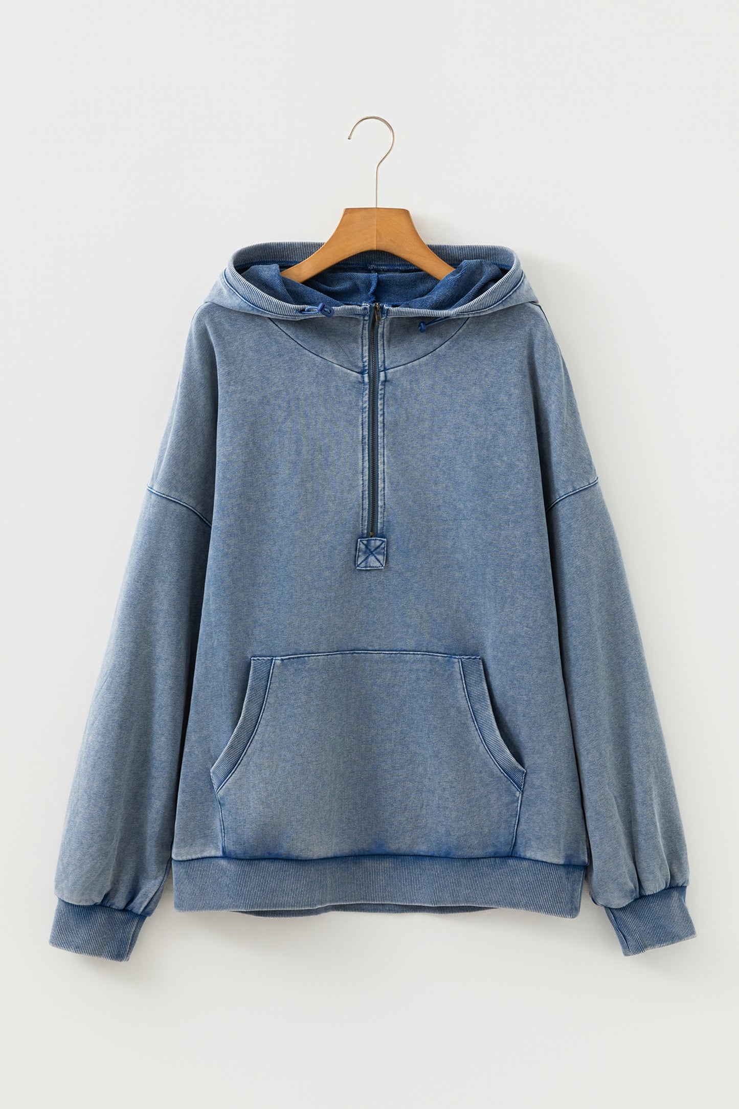 Ashleigh Blue Half Zip Kangaroo Pocket Mineral Wash Baggy Hoodie-Tops / Dresses-[Adult]-[Female]-2022 Online Blue Zone Planet