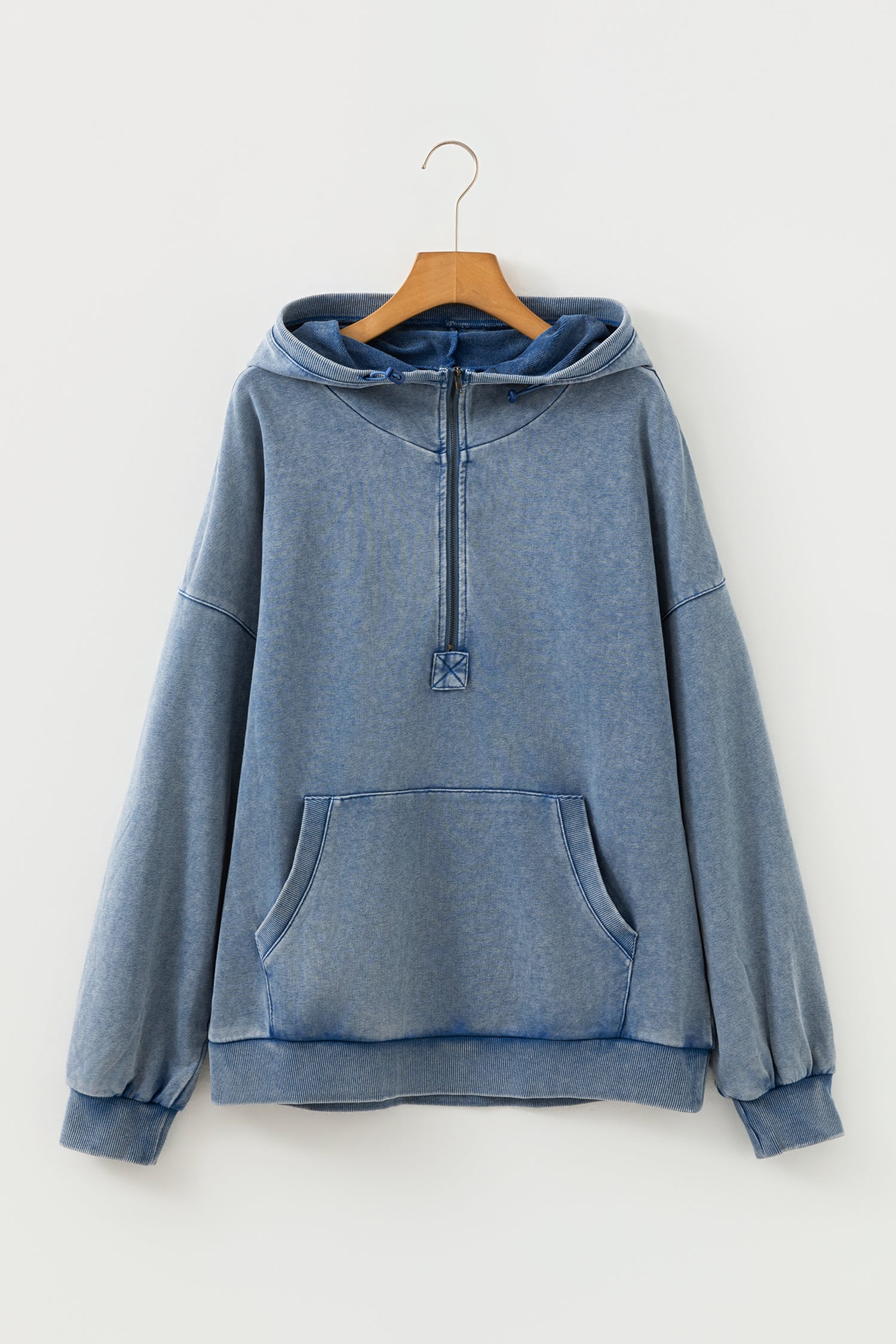 Ashleigh Blue Half Zip Kangaroo Pocket Mineral Wash Baggy Hoodie-Tops / Dresses-[Adult]-[Female]-2022 Online Blue Zone Planet