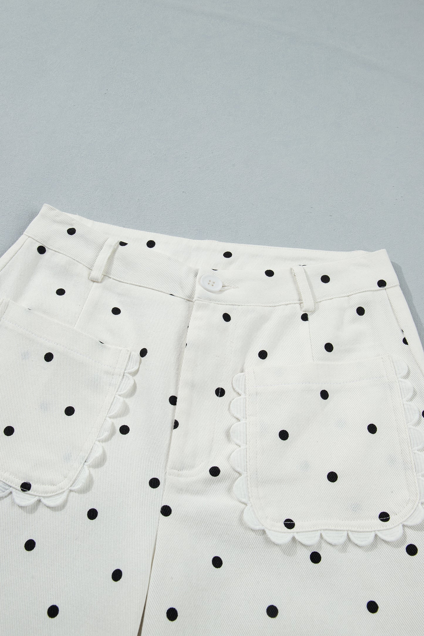 White Polka Dot Print Scalloped Patch Pocket Cotton Shift Pants-Bottoms/Pants & Culotte-[Adult]-[Female]-2022 Online Blue Zone Planet