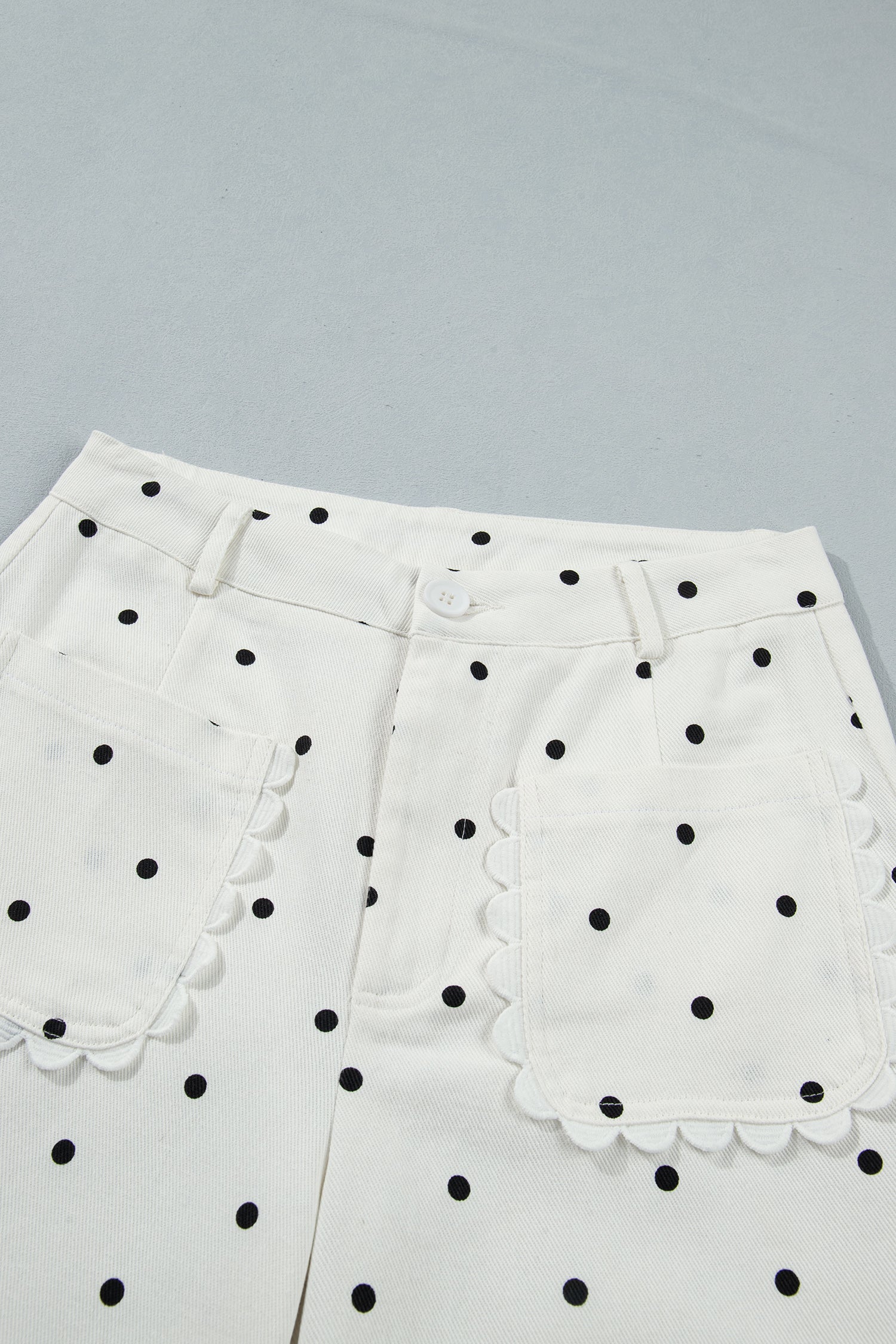 White Polka Dot Print Scalloped Patch Pocket Cotton Shift Pants-Bottoms/Pants & Culotte-[Adult]-[Female]-2022 Online Blue Zone Planet