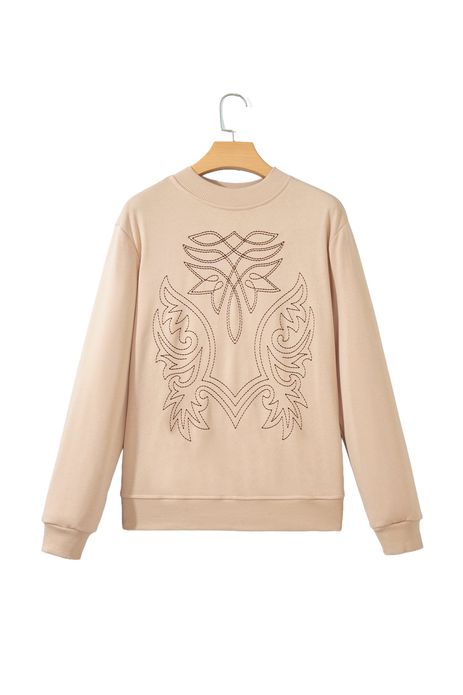 Light French Beige Western Embroidery Round Neck Pullover Long Sleeve Sweatshirt-Tops/Sweatshirts & Hoodies-[Adult]-[Female]-2022 Online Blue Zone Planet