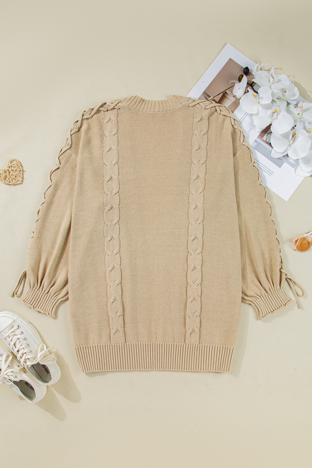 Parchment Cable Knit Braided Tie Sleeve Plus Size Open Cardigan-Plus Size/Plus Size Sweaters & Cardigans-[Adult]-[Female]-2022 Online Blue Zone Planet