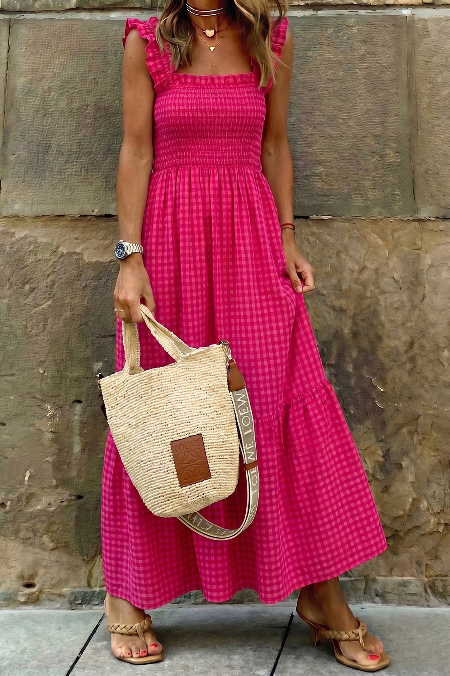 Red Plaid Square Neck Fit-and-flared Vacation Sundress-Dresses/Maxi Dresses-[Adult]-[Female]-Red-S-2022 Online Blue Zone Planet
