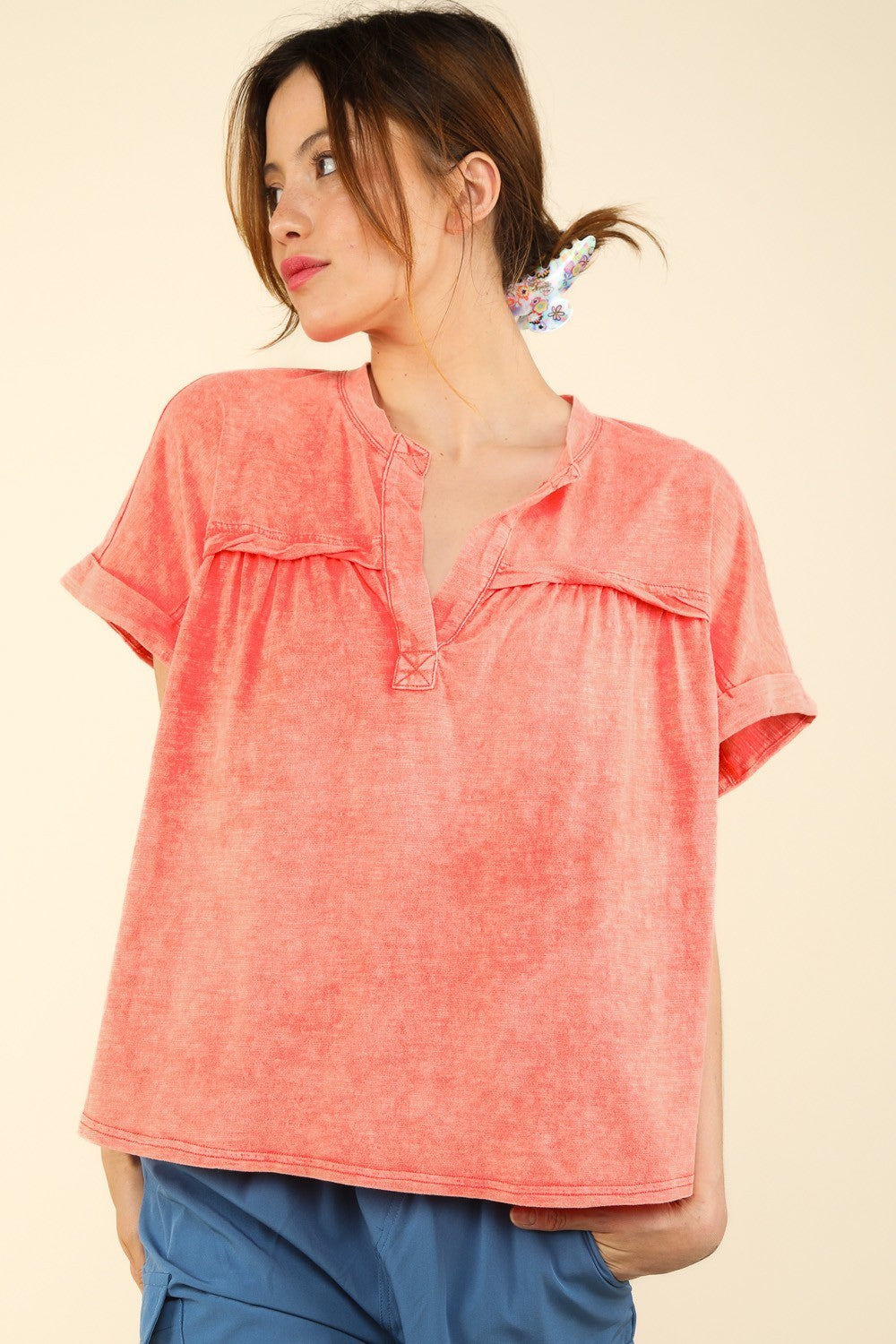 VERY J Nochted Short Sleeve Washed T-Shirt-TOPS / DRESSES-[Adult]-[Female]-Coral-S-2022 Online Blue Zone Planet