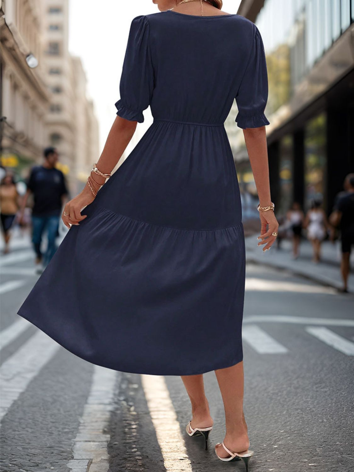 Ruched V-Neck Half Sleeve Midi Dress-TOPS / DRESSES-[Adult]-[Female]-2022 Online Blue Zone Planet