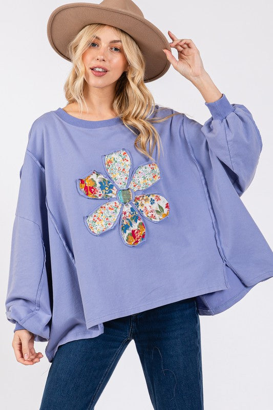 Blue Zone Planet | SAGE + FIG Flower Patch Dropped Shoulder Oversize Top-TOPS / DRESSES-[Adult]-[Female]-Blue Purple-S-2022 Online Blue Zone Planet