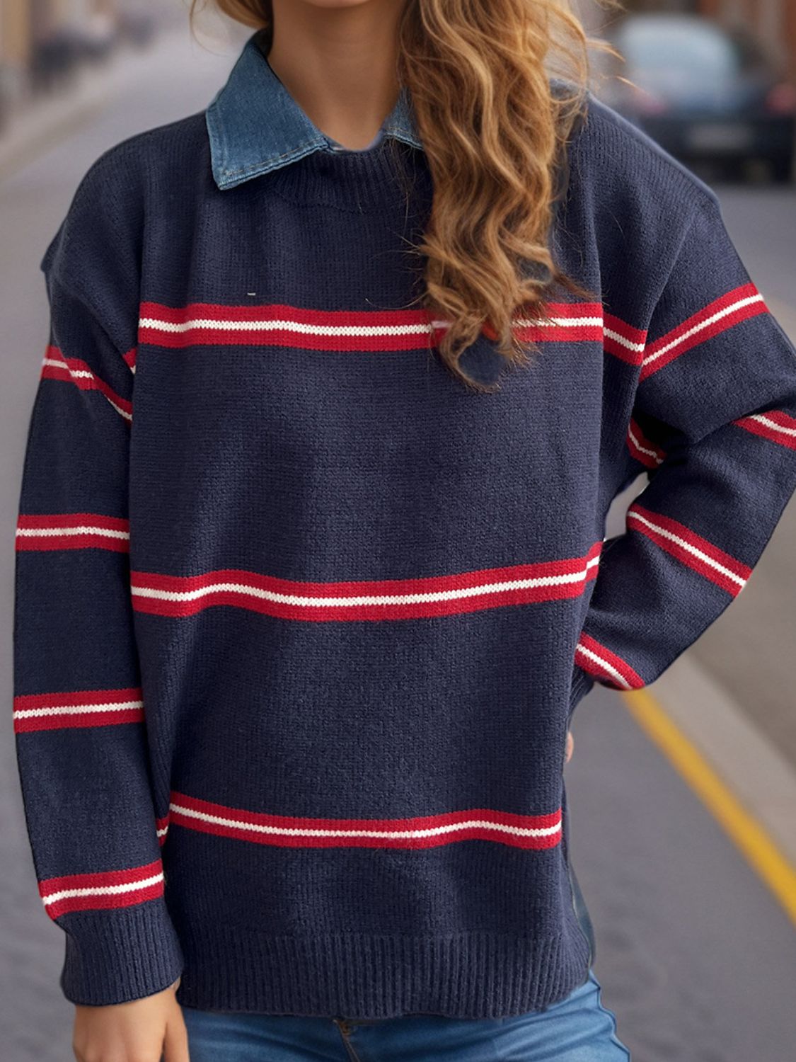 Blue Zone Planet | Contrast Stripes Round Neck Long Sleeve Sweater-TOPS / DRESSES-[Adult]-[Female]-2022 Online Blue Zone Planet